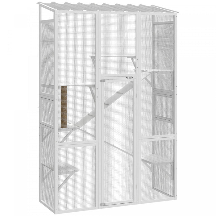 PawHut Catio Outdoor Cat Enclosure, Large Wooden Cat House with 6 Platforms, Scratching Post, 2 Ramps, Waterproof Roof, Walk-in Kitty Cage for 2–3 Kittens, 64\" x 24\" x 99\", White
