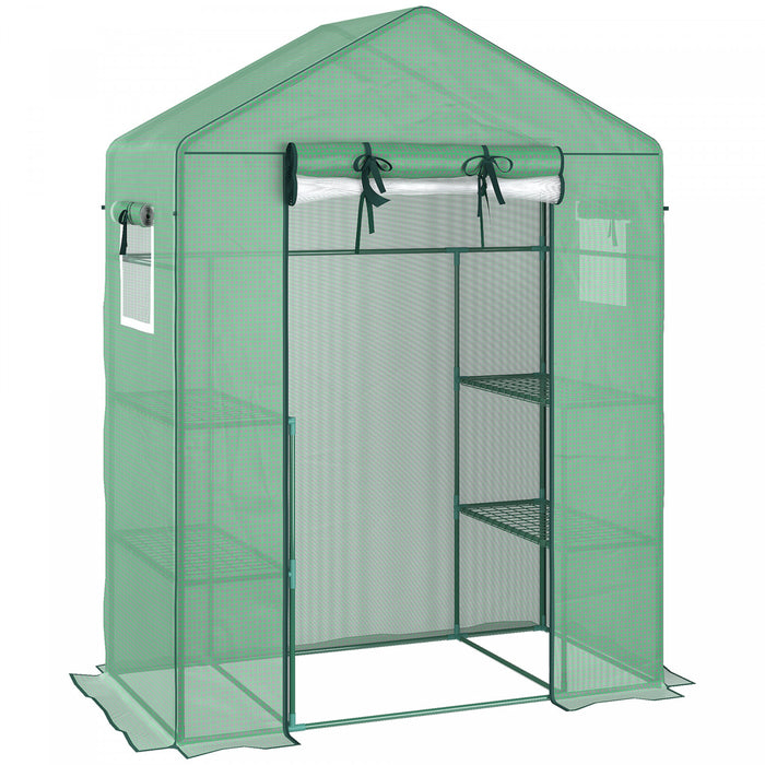 Outsunny Walk-in Mini Greenhouse With Mesh Door & Windows, Portable Garden Green House With 3 Tier Shelves, Water & Uv Resistant Pe Cover, Green