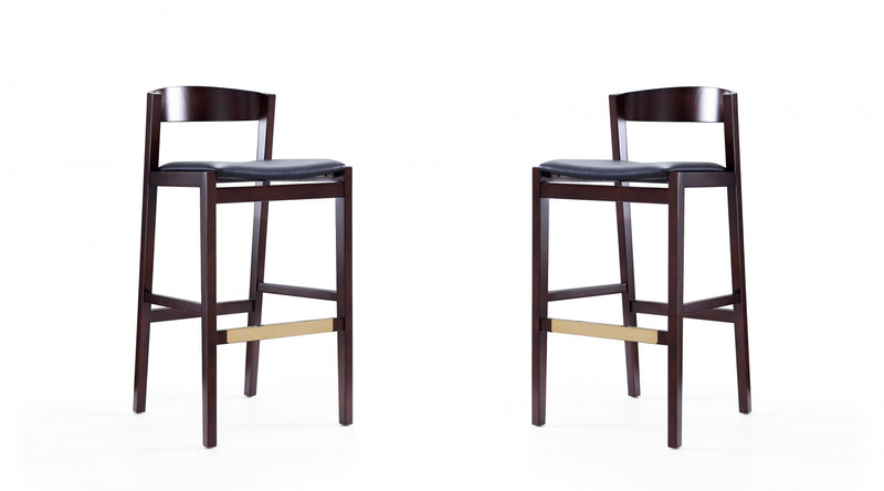 Klismos Mid-Century Modern Wood Upholstered Barstool in Black - Set of 2