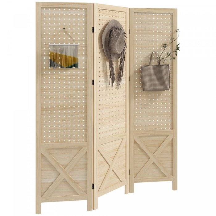 HOMCOM 4.7' 3 Panel Room Divider with Pegboard Display for Indoor