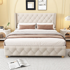 Haley Linen Upholstered Platform Bed with Classic Wingback Headboard and Diamond Tufted Upholstery,Full Size,Beige Full Bed