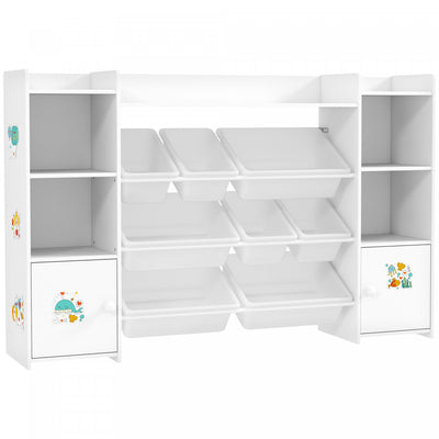 Qaba Kids Bookshelf and Toy Storage Organizer, Children Bookcase with 8 Removable Storage Bins, Shelves, 2 Cabinets for Playroom, Nursery, Kids Room, White