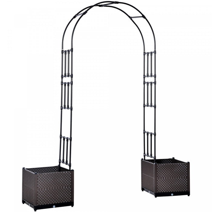 Outsunny 8ft Garden Arch With Two Planters Outdoor Steel Trellis Arbor For Climbing Plants, Weddings, Party, Brown, Black
