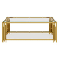 Aria 47.5 Inch Modern Rectangular Coffee Table with Asymmetrical Gold Frame and Glass Top, Transparent 