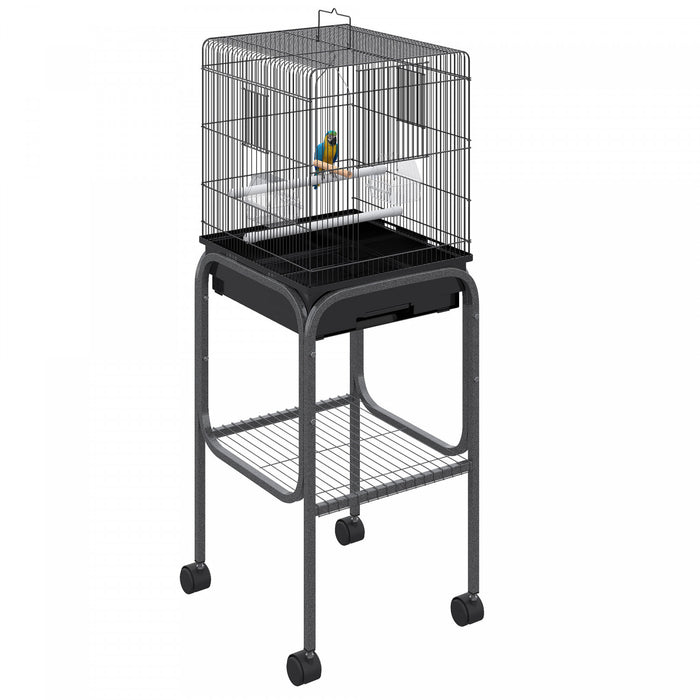 Pawhut 44.5\"h Metal Bird Cage Parrot Play Spot Stand W/ Wheel Storage Shelf Multi-doors Black