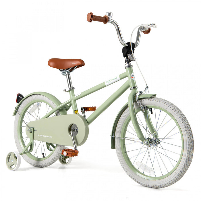Costway 18\" Kids Bike With Adjustable Saddle Handlebar Removable Training Wheels Handbrake Green