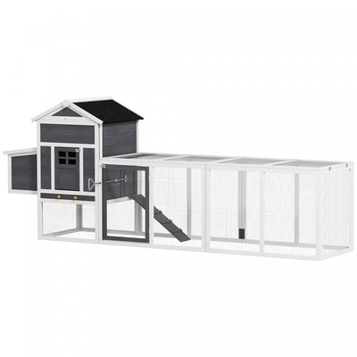 PawHut 117" Chicken Coop, Wooden Rabbit Hutch with Chicken Run, Slide-out Tray, Asphalt Roof, Nesting Box - Grey and White