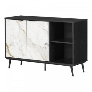 Mezzy 2-door Sideboard With Open Storage - Black Oak And Faux White Marble 