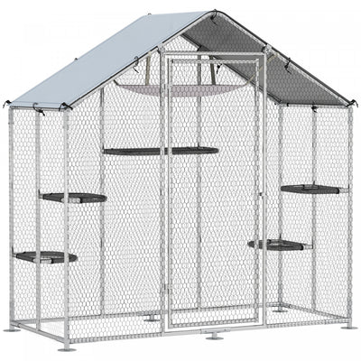 PawHut Large Catio Outdoor Cat Enclosure, Galvanized Steel Walk-in Kitty Cage for Multiple Kittens, with Waterproof Cover, 5 Adjustable Platforms, Hammock, 79" W x 38" D x 77" H
