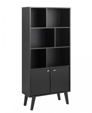 Milo Mid-Century Modern Bookcase with 6 Shelves, 2 Doors & Brushed Brass-Finished Knobs - Black