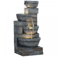 Outsunny Outdoor Water Fountain With Led, Cascading Bowls Waterfall, Grey
