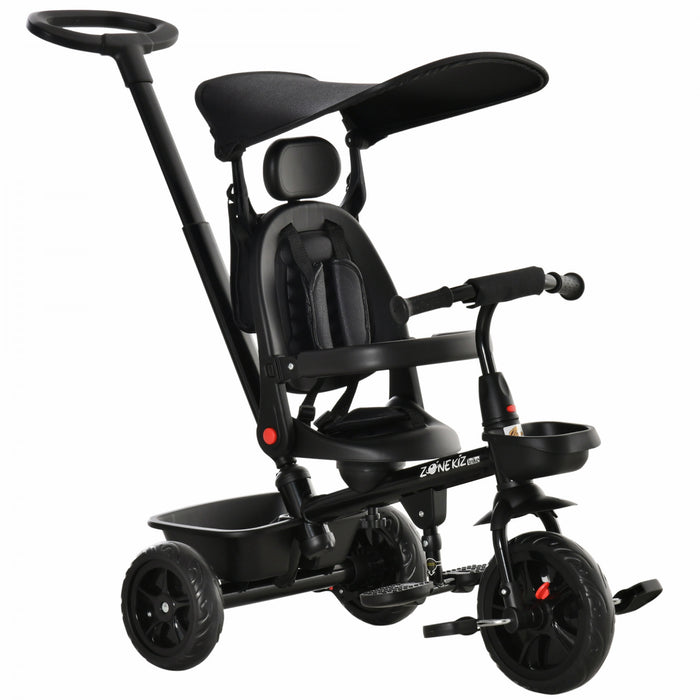 Qaba Kids Tricycle 4 In 1 Trike With Reversible Angle Adjustable Seat Removable Handle Canopy Handrail Belt Storage Footrest Brake Clutch For 1-5 Years Old Black