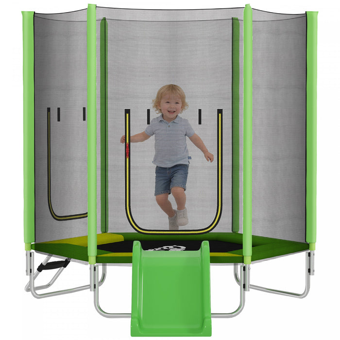 Qaba 85\" Trampoline for Kids, Indoor & Outdoor Toddler Trampoline with Slide, Ladder and Safety Enclosure, for Jumping, Sliding, and Playing, for Boys & Girls Ages 3+, Green