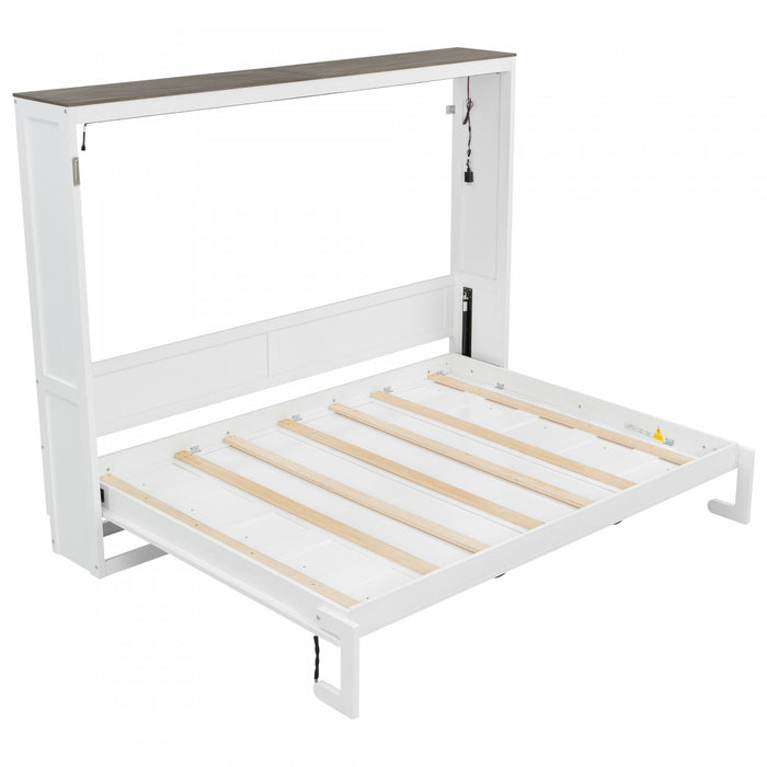 Olivia Solid Wood Murphy Bed with LED Light and Foldable Cabinet,Queen Size,White Queen Bed