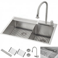 MultiSINK 33 in. D10in. Dual Mounted 60/40 Workstation Kitchen Sink, Waterfall Faucet,Stainless Steel - H-XN30 Laundry Combo