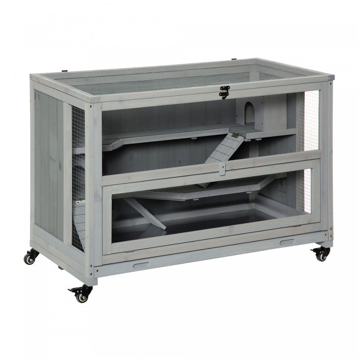 Pawhut 3 Tier Hamster Cage, Wooden Rat Cage Small Animal Habitat With Ladders, Huts, Wheels, Pull-out Tray, For Syrian, Dwarf Hamster, Light Grey