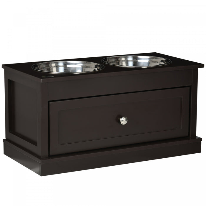 Pawhut Elevated Dog Bowls With Storage Drawer, Raised Dog Bowls With Stand, 2 Stainless Steel Bowls For Large Dogs, Coffee