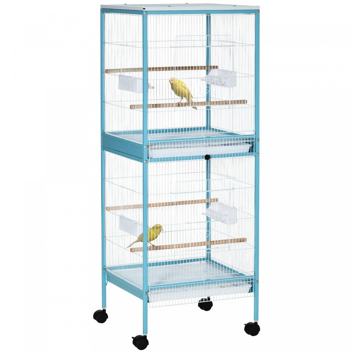 Pawhut 55.1\" 2 In 1 Bird Cage Aviary Parakeet House For Finches, Budgies With Wheels, Slide-out Trays, Wood Perch, Food Containers, Light Blue