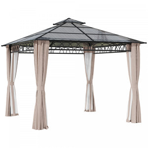 Outsunny 9' X 10' Double roof Hardtop Gazebo With Nettings curtains Khaki