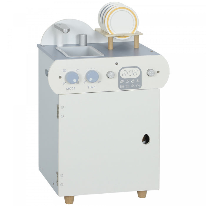 Qaba Wooden Dishwasher Playset, Pretend Play Kitchen Toys with Faucet, Turning Knobs and Accessories, Play Sink Toys for Boys Girls, Light Blue