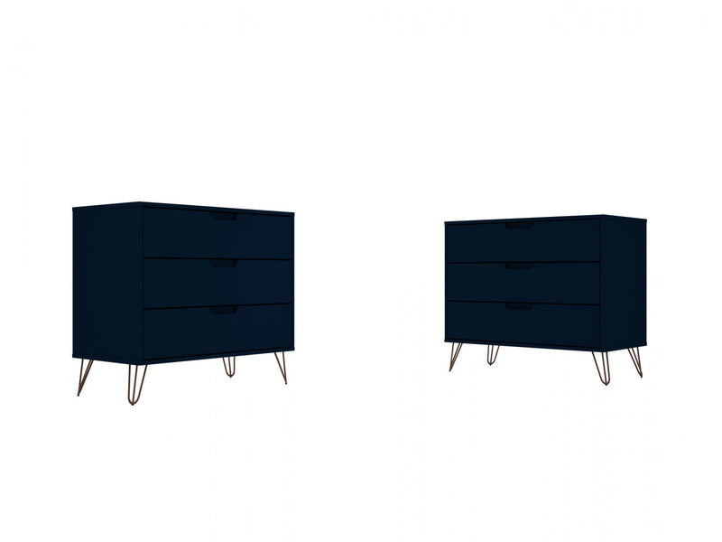 Rockefeller Mid-Century Modern 35\" Dresser in Midnight Blue (3-Drawer) - Set of 2
