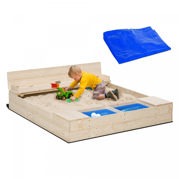 Outsunny Kids Sandbox with Cover, Wooden Sand Box with Foldable Bench Seat, 2 Plastic Boxes, Bottom Liner, Storage Space, Outdoor Sand Box for Kids Backyard, Garden