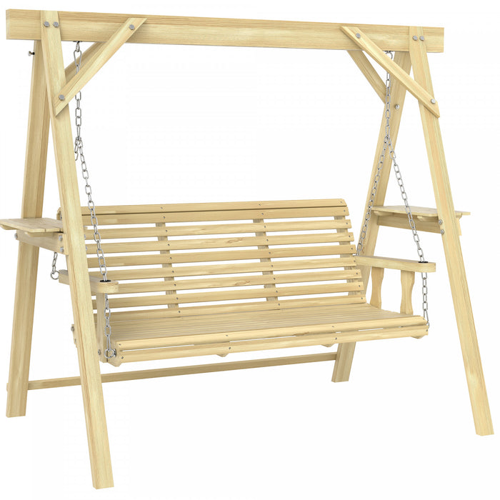 Outsunny 3 Seat Porch Swing with Stand and Side Tables, Natural Wood