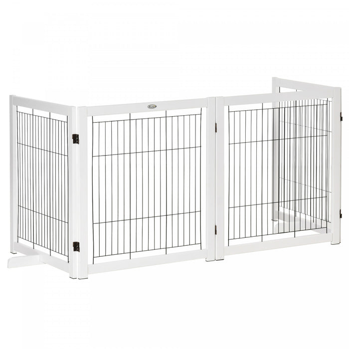 Pawhut Wooden Dog Gate Foldable Pet Fence For Small & Medium Dogs 4 Panel With Support Feet Freestanding Safety Barrier For House Doorway Stairs White