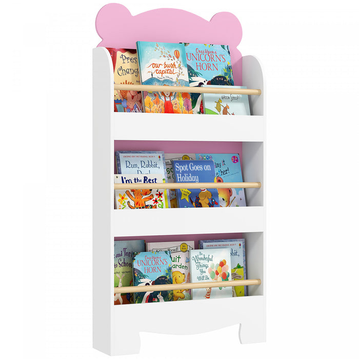 Qaba Kids Bookshelf, 3-tier Book Shelf Organizer, Bear Theme Toddler Space-saving Wall Bookcase For Living Room, Kids Room, Playroom, Pink