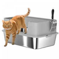 PawHut Stainless Steel Cat Litter Box, XL High Sided Cat Litter Box with Scoop, Anti Leakage & Easy to Clean, Pet Toilet for Big Kittens, 24