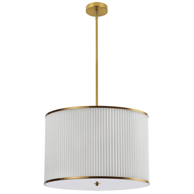 Dainolite Prudy 4 Light Pendant Aged Brass White Pleated Shade Lamp|Luminaire suspendu Prudy de Dainolite avec abat-jour plissé blanc, fini laiton vieilli et 4 ampoules