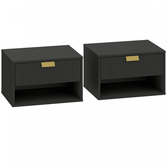HOMCOM Floating Nightstands Set of 2 with Fluted Drawer Open Shelf Black