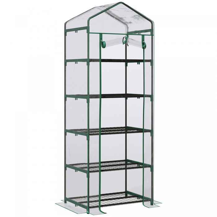 Outsunny 5 Tier Mini Greenhouse, Portable Outdoor Flower Stand With Shelf Clips, Indoor Greenhouse With Steel Frame, Transparent, 27.25\" X 19.25\" X 76\"