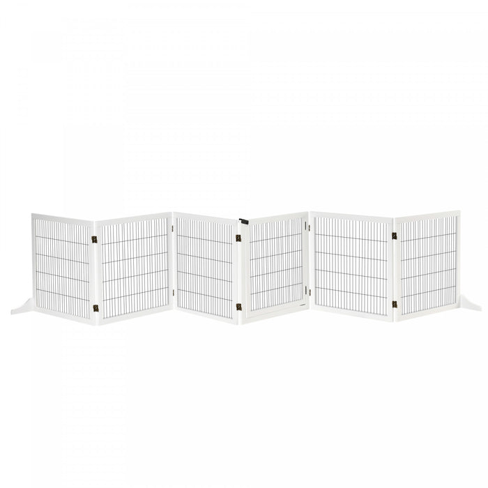 Pawhut Wooden Pet Gate, Dog Safety Barrier, Freestanding Foldable Fence, W/ 6 Panels, 2 Support Feet, For House Doorway Stairs, Small & Medium Dogs, White