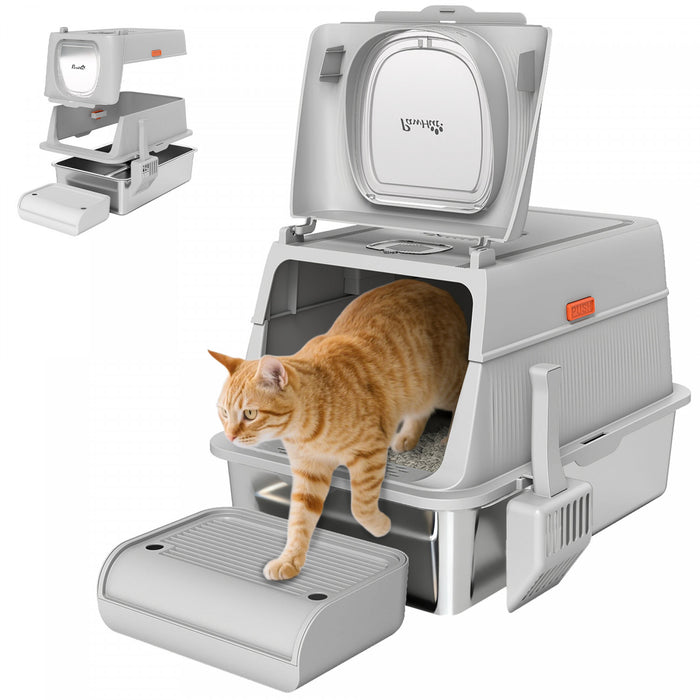 PawHut XL Stainless Steel Litter Box with Lid, Extra Large Enclosed Cat Litter Box for Big Cats with Flip Cover, Scoop, Pedal, Deodorizer, Leak-Proof, Odor-Resistant, Easy Cleaning