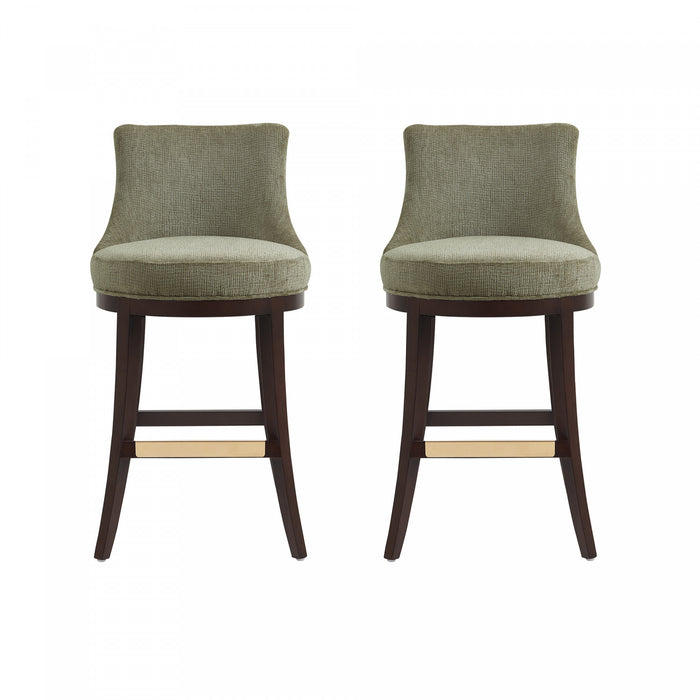 Lucia Modern Chenille Wood Upholstered Barstool in Leaf Green - Set of 2
