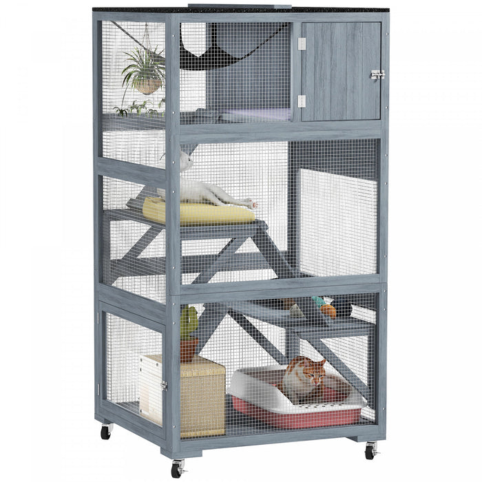 PawHut 66\"H Catio on Brake Wheel, Indoor Outdoor Cat Enclosure Cage with Weatherproof Roof Hammock Multiple Platforms Resting Condo Ramps Lockable Doors, for 1-3 Cats, Grey