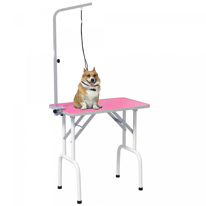 Pawhut 32in Foldable Dog Grooming Table For Small Dogs, Pet Grooming Table For Dogs Cats With Adjustable Arm, Non-slip Surface, Pink