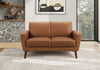 Upholstered Love Seat, 58\" L, Brown Leather-Look, Walnut Wood Legs, Mid-Century Loveseat