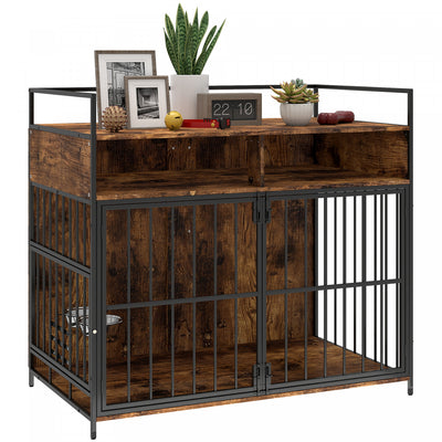 PawHut Dog Crate Furniture, 39 Inch Indoor Dog Kennel with Rotating Feeding Station and Storage Shelves, Pet Crate End Table for Small Medium Large Breeds, Rustic Brown