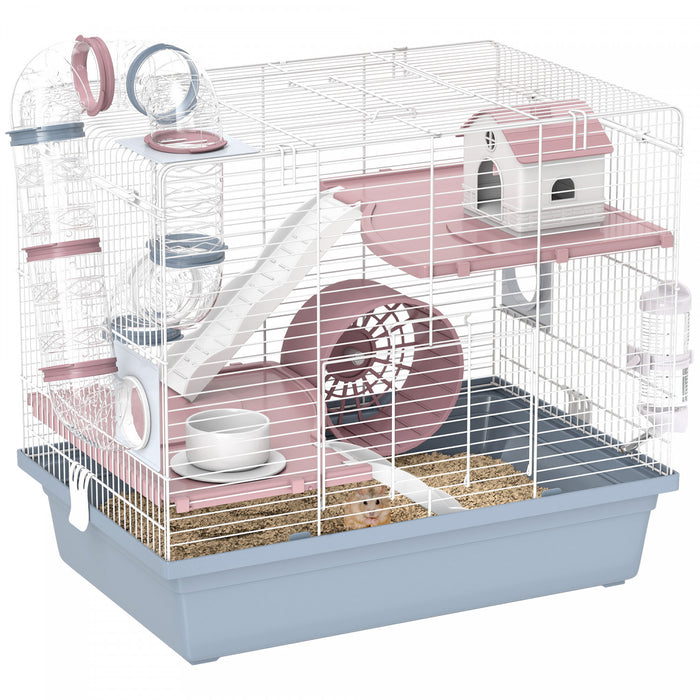PawHut Hamster Cage, 3-Level Small Animal House with Excerise Wheel, Food Bowl, Water Bottle, House, Tunnels, Ramps, Gerbil Cage for Dwarf Hamster, 19\" x 13\" x 17\", Blue