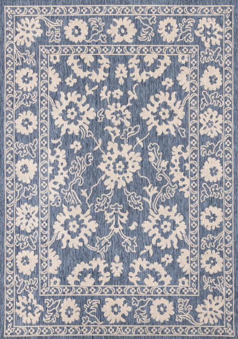 Cabana Blue White Elegant Border Outdoor Rug, 6'7\" x 9'6\" Outdoor Area Rug