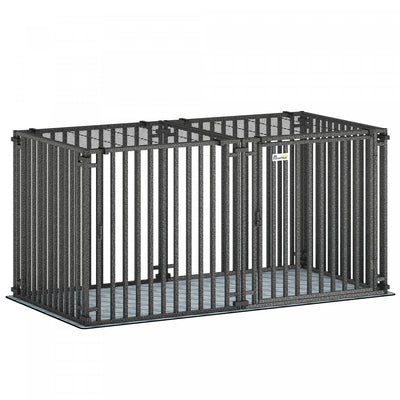 PawHut 55 Inch Heavy Duty Dog Crate, Extra Large Metal Dog Cage Kennel with Mat for Small Medium Large Breeds, Modular Puppy Playpen with Door for Indoor Outdoor, Black