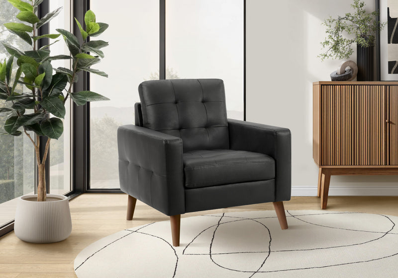 31\" Wide Upholstered Accent Chair, Black Leather-Look, Walnut Wood Legs, Mid-Century Mod Accent Chair