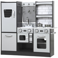 Qaba Play Kitchen for Kids, Pretend Kids Kitchen Playset with Switch Knob Sound, Accessories, Fridge, Microwave, Sink and Towel Rack, for Toddlers Ages 3-8 Years Old, Dark Brown