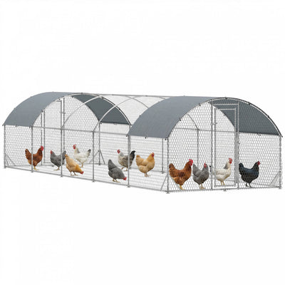 PawHut Chicken Run, Galvanized Large Metal Chicken Coop Cage, Walk-in Enclosure Poultry Hen Run House Playpen Rabbit Hutch with Dome Roof, Cover, 9.2' x 31.2' x 6.5', Silver