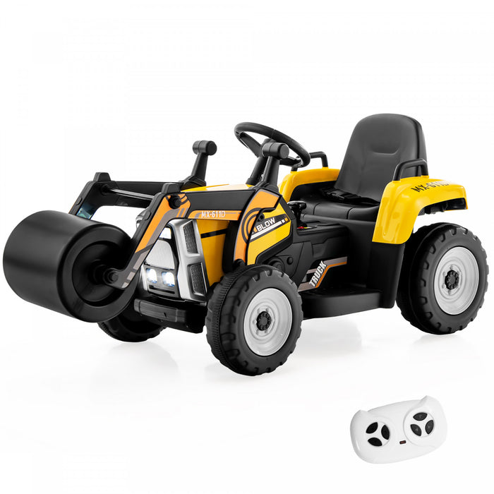 Costway Kids Ride On Road Roller 12v Electric Tractor Remote W/ Music & Led Light Yellow