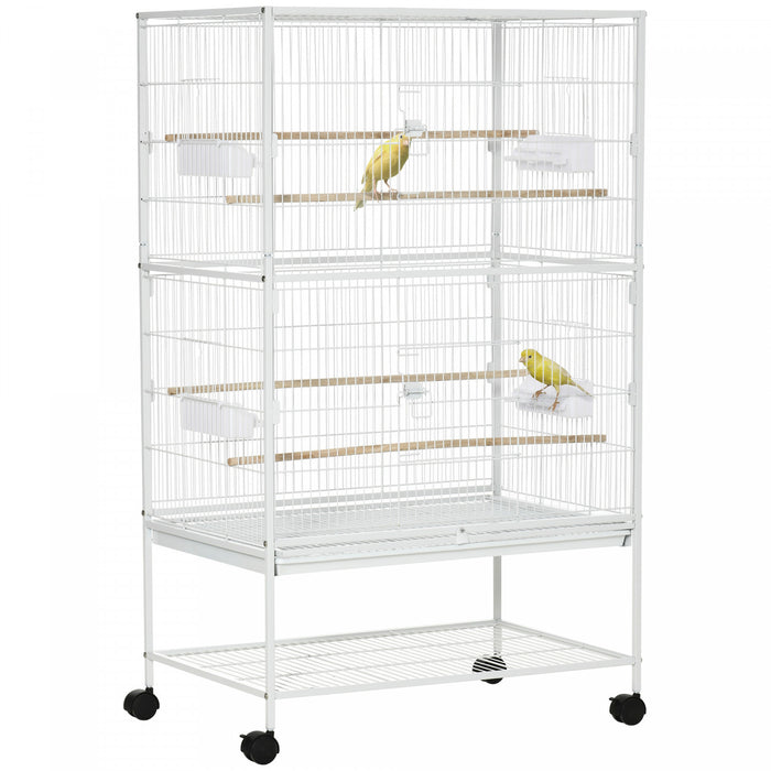 Pawhut 52\" Large Rolling Steel Bird Cage Bird House With Rolling Stand, Storage Shelf, Wood Perch, Food Container, White