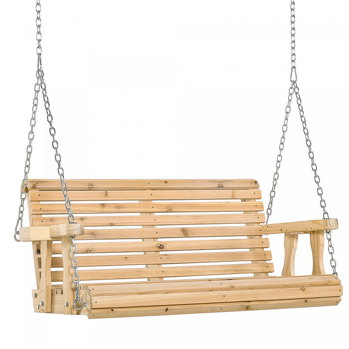 Outsunny 2 Seater Porch Swing Wooden Patio Swing Chair Seat With Cup Holder And Chains Outdoor Swing Bench For Garden Yard, Natural