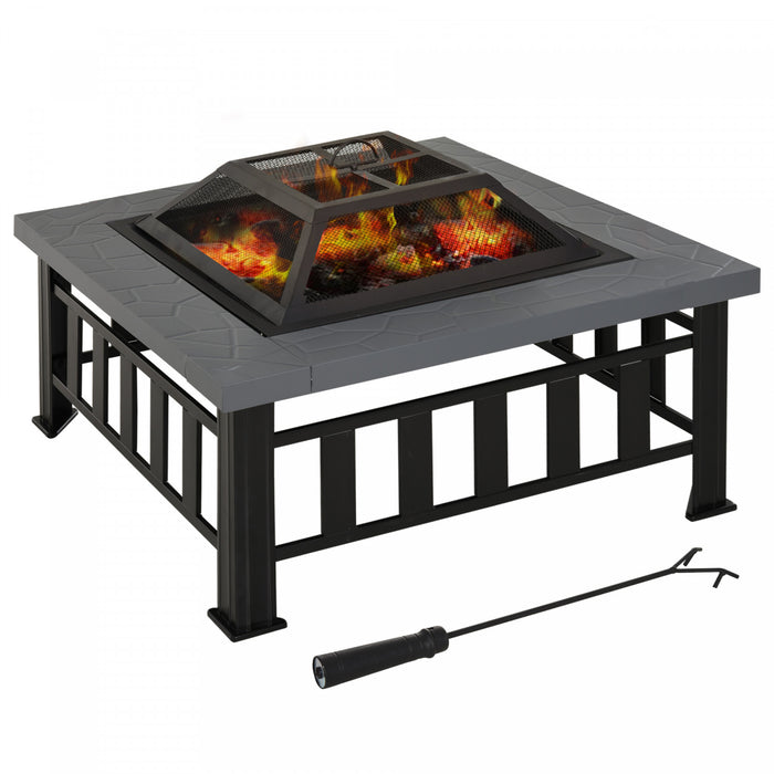 Outsunny 34\" Outdoor Square Firepit Steel Stove Portable With Spark Screen Cover Log Grate Poker And Rain Cover For Outside Wood Burning And Camping Black